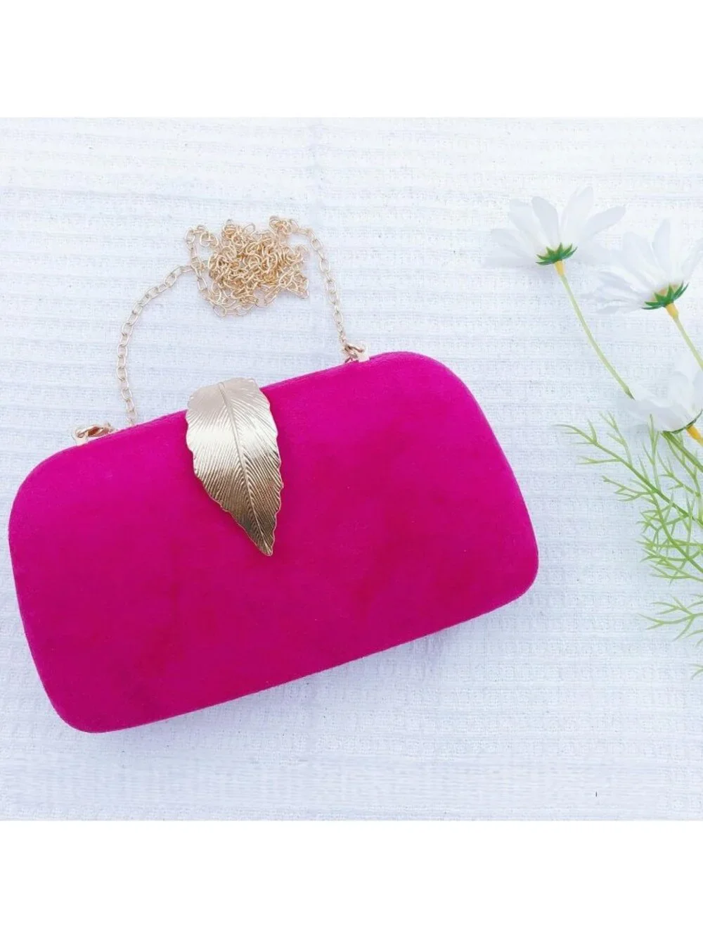 Women's Rose Red Elegant Clutch Purse Metallic Leaves Clasp Banquet Evening Bag